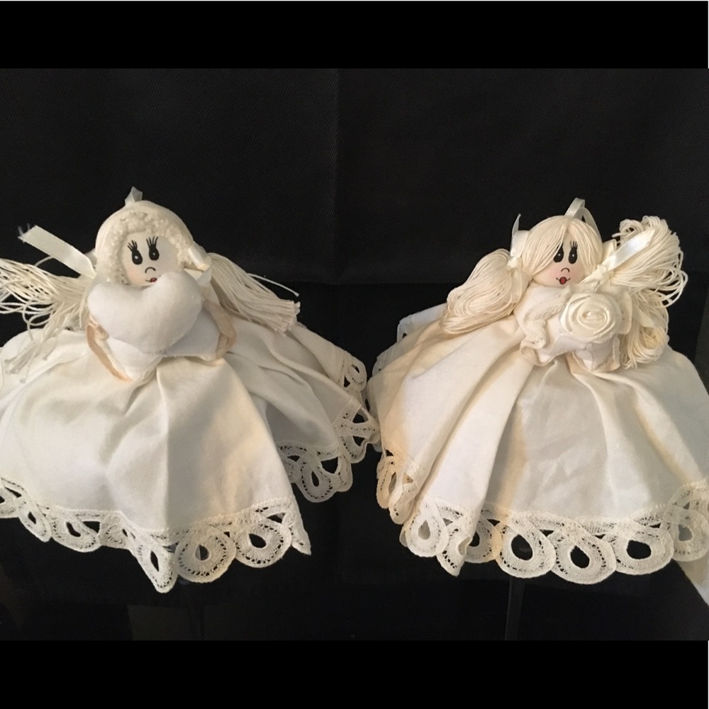 2 Lace & Fabric WHITE ANGEL CHRISTMAS ORNAMENTS